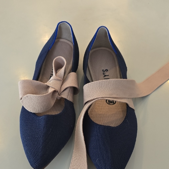 Rothy's Navy Flats with Pink Bow - Picture 2 of 3